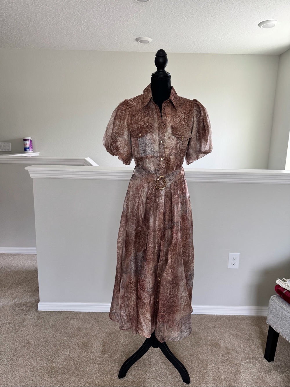 Puff-Sleeve Belted Midi Shirt Dress in Brown Print